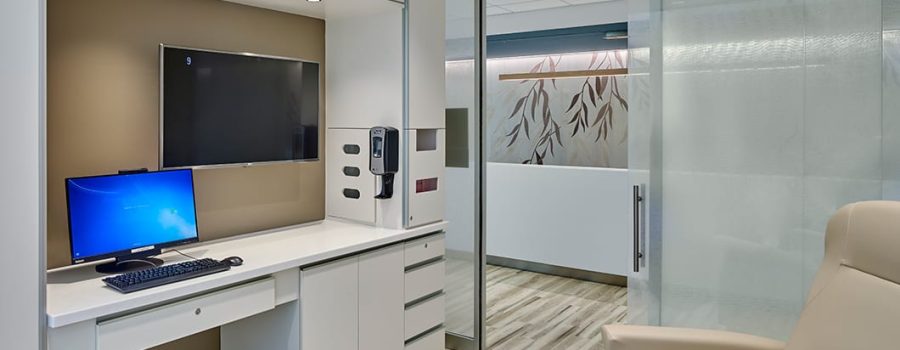 Archetype Glass' custom glass wall partitions and glass doors at the Asplundh Cancer Pavilion