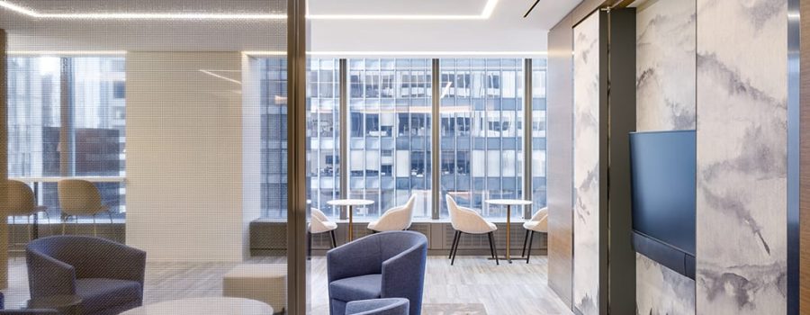 The Capital Group's office, with a close-up view of the Archetype Glass custom laminated partition walls