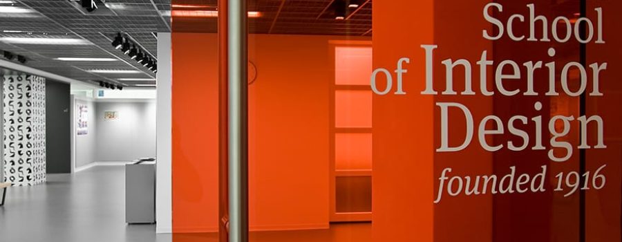 A close-up view of the custom glass partition walls at the New York School of Interior Design as created by Archetype Glass