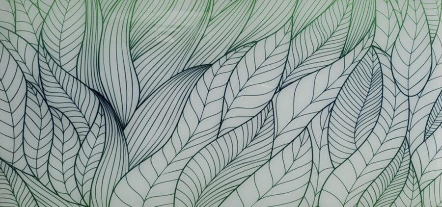 The aquamarine leaves pattern graphic glass as part of the Archetype Glass January 2022 QSP
