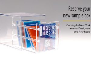 A banner of the new materials library sample box for New York interior designers and New York architects, featuring Archetype Glass' custom laminated glass