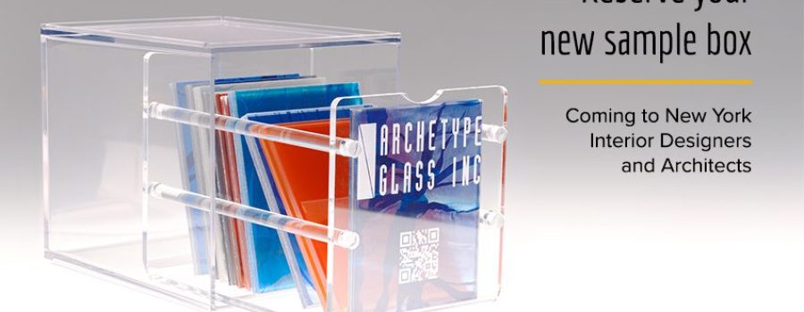 A banner of the new materials library sample box for New York interior designers and New York architects, featuring Archetype Glass' custom laminated glass