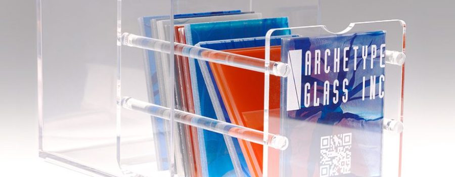 Image of the Archetype Glass materials library sample box, featuring custom laminated glass