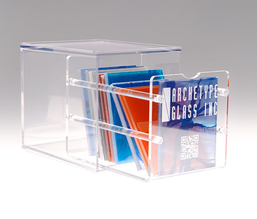 Image of the Archetype Glass materials library sample box, featuring custom laminated glass