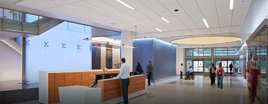 Custom frosted glass and graphic glass wall cladding and light box at the UF Shands Hospital, created by Archetype Glass